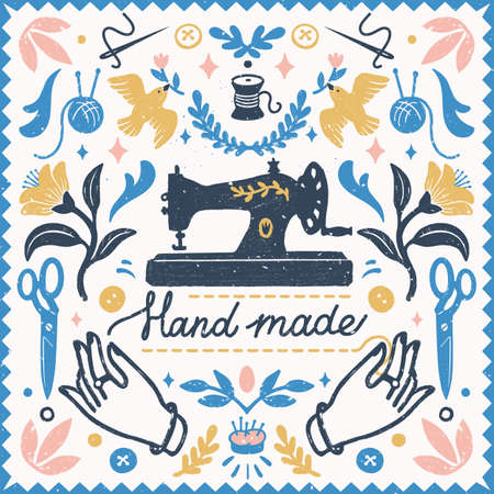 Handmade symmetric vector composition - vintage elements in stamp style and sewing machine with hand made lettering. Vintage vector illustration for banners and cardsのイラスト素材