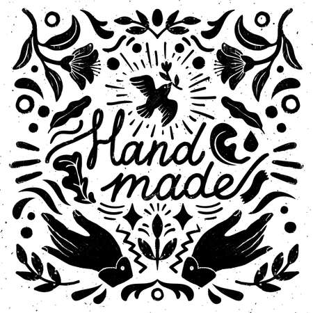 Handmade symmetric vector composition - vintage elements in stamp print style on light background. Vintage vector illustration for banners and cardsのイラスト素材
