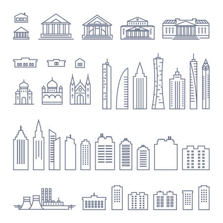 city buildings line icon set - various types of government buildings and skyscrapers simple linear pictogram on white background. Vector illustration.のイラスト素材