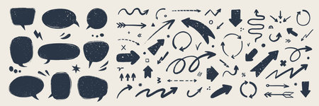 Abstract arrows and Speech bubbles set. Various doodle arrows and talk balloons with grunge texture. Hand-drawn abstract vintage infographic Vector collection.のイラスト素材