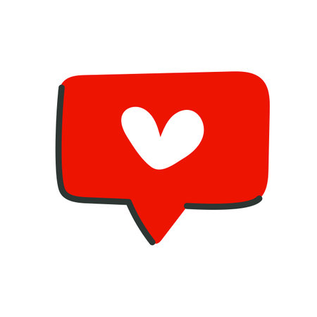 Like icon in flat cartoon style. Heart icon on a red Talk bubble speech. Social media post design. Vector illustration.のイラスト素材