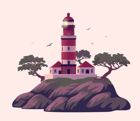 Lighthouse, Beautiful beacon on the cliff with pines. Vector illustration in flat cartoon style..のイラスト素材