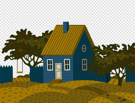 Suburban house - dacha. Rural landscape with blue Barn house in rustic style and green fruit gardenのイラスト素材