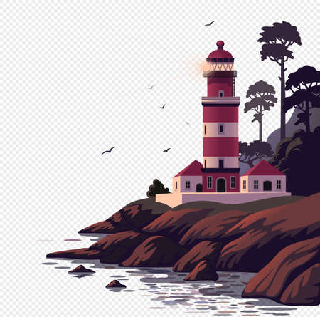 Lighthouse vector landscape. Beautiful sea landscape with a beacon on the cliff on transparent background. Vector illustration in flat cartoon styleのイラスト素材