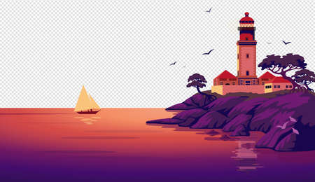 Lighthouse vector landscape. Beautiful sea landscape with a beacon on the cliff on transparent background. Vector illustration in flat cartoon styleのイラスト素材