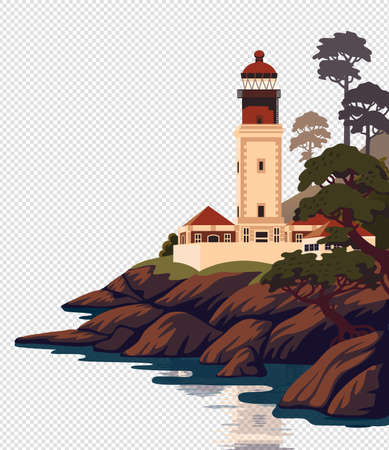Lighthouse vector landscape. Beautiful sea landscape with a beacon on the cliff on transparent background. Vector illustration in flat cartoon styleのイラスト素材