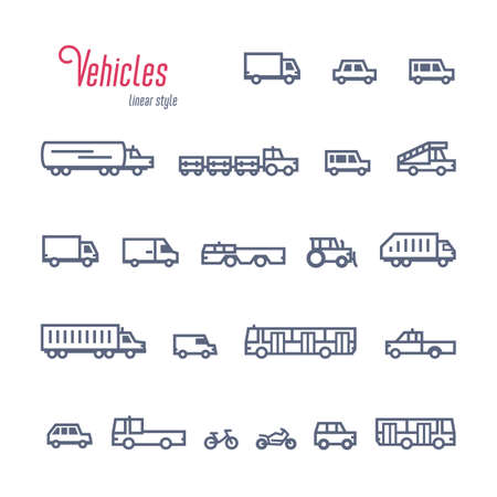 linear Car icons set, Various types of cars and vehicles. Outline style vector illustration on white background.のイラスト素材