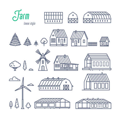 Farm buildings and elements icons set. Various rural houses, greenhouses and wooden buildings. Outline style vector illustration on white background.のイラスト素材