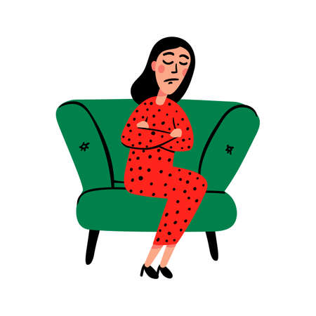 A sad young woman on the sofa. Tired and upset Person in stress on Psychology consultation. Doodle style flat vector illustration.のイラスト素材