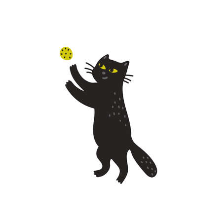 Black cat vector illustration, Cute kitten playing with ball. Vector illustration in flat cartoon style on white backgroundのイラスト素材