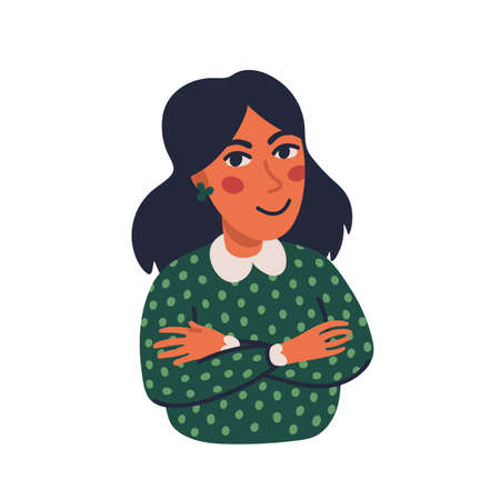 vector woman illustration, female portrait with crossed hands . Vector illustration in flat cartoon style on white background.のイラスト素材
