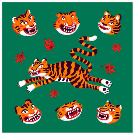 Tiger vector set, jumping tiger and tiger heads in cartoon Asian style. Organic flat style vector illustration..のイラスト素材