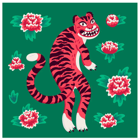 Tiger vector illustration, funny cartoon pink tiger on the green background with flowers in asian style. Organic flat style vector illustrationのイラスト素材
