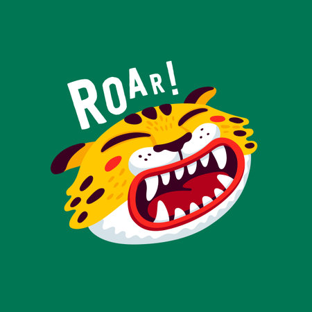 Tiger vector head, cartoon tiger funny face and roar text. Organic flat style vector illustrationのイラスト素材