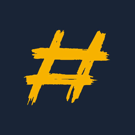 Hashtag, vector ink painted yellow tag on dark background. Hand Drawn vector illustration.のイラスト素材