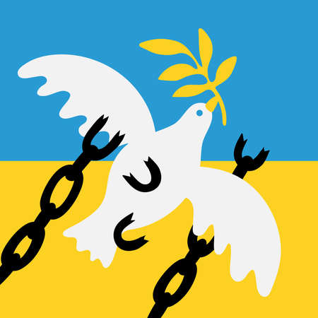 Peace to ukraine. Symbol of peace - dove with a laurel branch on the blue-yellowのイラスト素材