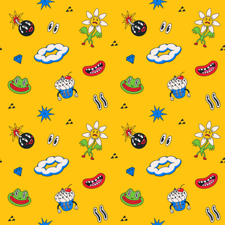 Cartoon vector funny cute Comic characters, seamless pattern.のイラスト素材