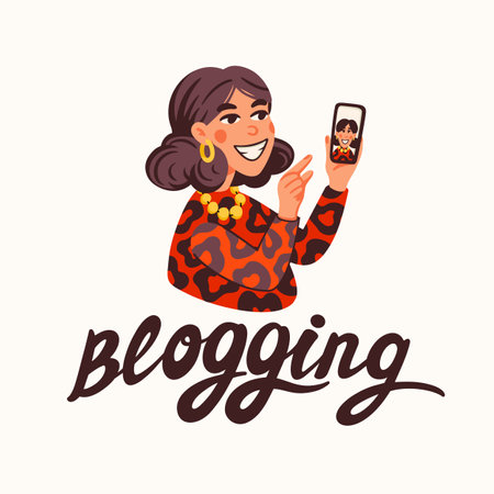 Blogging, making content for a blog or vlog vector illustration. Blogger or vlogger cartoon character making internet content vector flat illustration.のイラスト素材