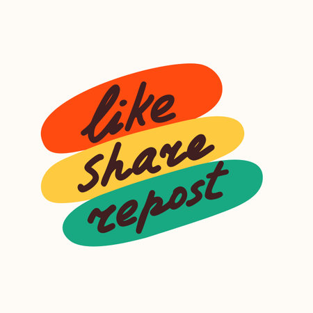 Like, share and repost stickers for a social media, making a blog or vlog vector flat illustration. Set of cartoon icons for making internet contentのイラスト素材