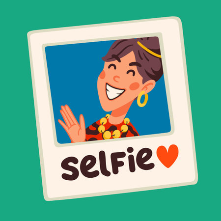Selfie photo sticker for a social media, making a blog or vlog vector flat illustration. Set of cartoon icons for making internet contentのイラスト素材