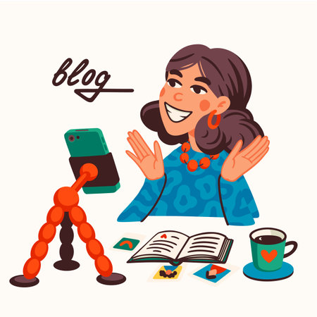 Blogging, making content for a blog or vlog vector illustration. Blogger or vlogger cartoon character making internet content vector flat illustration.のイラスト素材