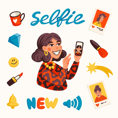 Girl making content for a blog or vlogor selfie. Blogger or vlogger cartoon character making internet content vector flat illustration.のイラスト素材