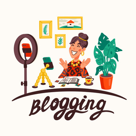 Blogging, making content for a blog or vlog vector illustration. Blogger or vlogger cartoon character making internet content vector flat illustration.のイラスト素材