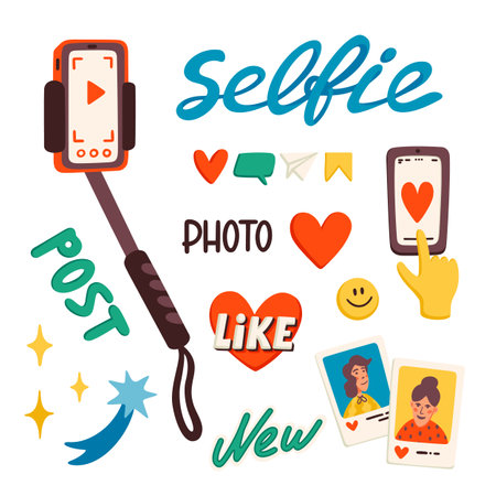 Selfie stick, and stickers for making a blog or vlog vector illustration. Cartoon icons for making internet content vector flat illustration.のイラスト素材