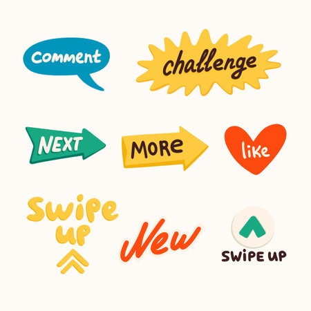 Social media stickers, challenge, new, swipe etc. Making a blog or vlog vector flat illustration. Set of cartoon icons for making stories or internet contentのイラスト素材