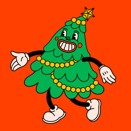 Merry Christmas and Happy New year trendy retro cartoon characters. Groovy hippie Christmas tree. Vector Cartoon characters and elements.のイラスト素材
