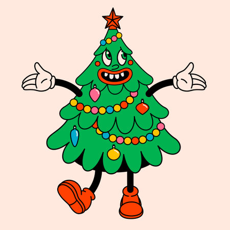 Merry Christmas and Happy New year trendy retro cartoon characters. Groovy hippie Christmas tree. Vector Cartoon characters and elements.のイラスト素材