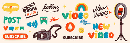Blog content icons. Blogging or vlogging cartoon icons for social midea vector flat illustration.のイラスト素材