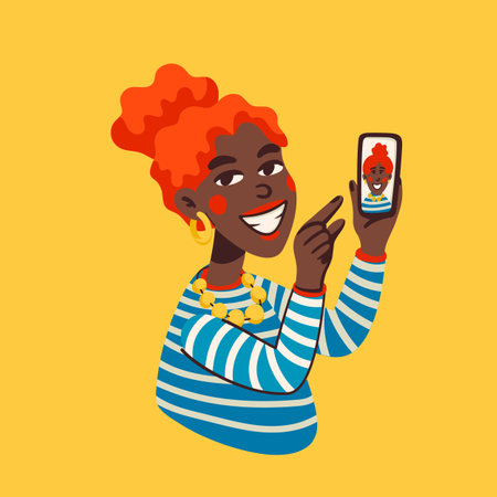 Young black woman taking selfie or recording video for social media with smartphone. Happy female character with mobile phone. Blogger or vlogger cartoon character making internet content vector flat illustrationのイラスト素材