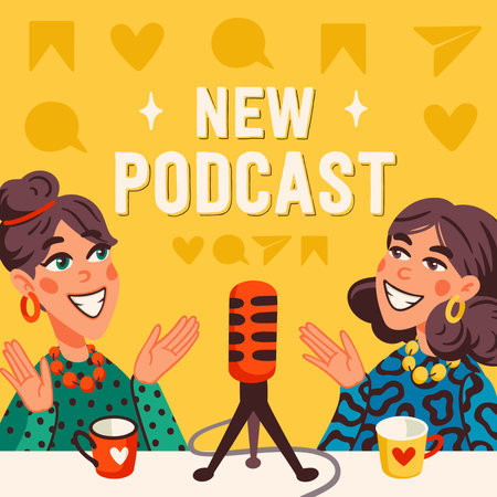 Podcast cover concept. Two joyful girls recording audio podcast or online show vector flat illustrationのイラスト素材