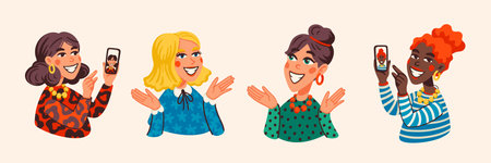 Girl blogger. Young woman taking selfie or recording video for social media with smartphone. Happy female character with mobile phone, vector flat illustration. Blogger or vlogger cartoon character making internet contentのイラスト素材