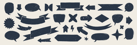 Retro flag and ribbon banners. Hand drawn vintage textured badges, banner, ribbon, flag, and other design elements. Hand-drawn infographic Vector collection.のイラスト素材