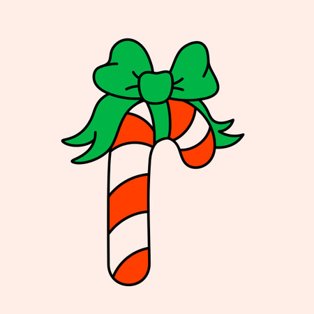 Retro style cartoon candy cane. Groovy vintage 70s red candy cane with green bow. Ideal for Christmas and New Year sticker designs and decorations,のイラスト素材