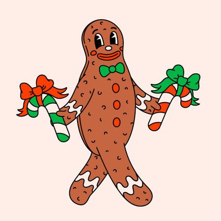 Retro style cartoon christmas ginger bread man. Groovy vintage 70s funny cookie man character...