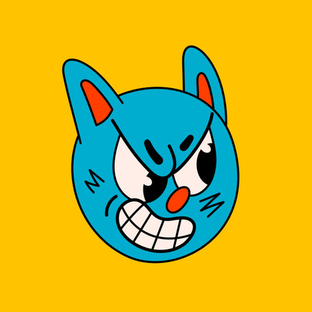 Retro style cartoon angry cat face. Groovy vintage 70s blue cat character angry muzzle.のイラスト素材