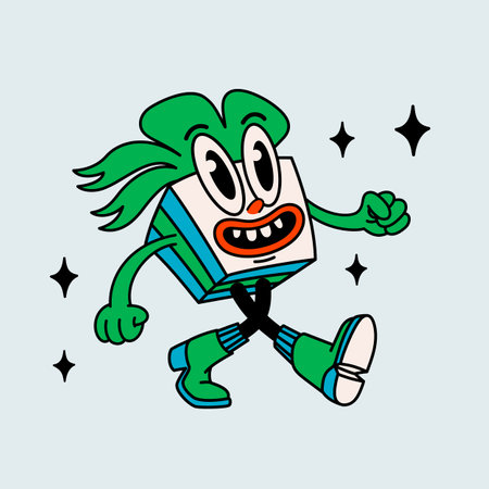 Retro cartoon Christmas gift. Groovy vintage 70s funny present character with arms and legs walking.のイラスト素材