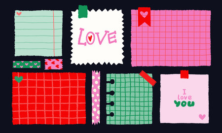 Paper valentine memo notes on stickers. Vector vintage sticky notes and pages with torn edgesのイラスト素材