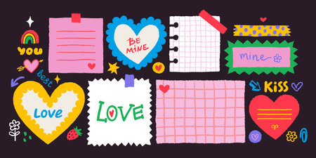 Paper valentine memo notes on stickers. Vector vintage sticky notes and pages with torn edgesのイラスト素材