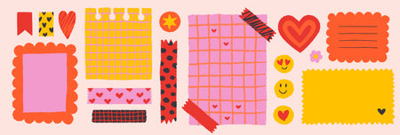 Paper valentine memo notes on stickers. Vector vintage sticky notes and pages with torn edgesのイラスト素材