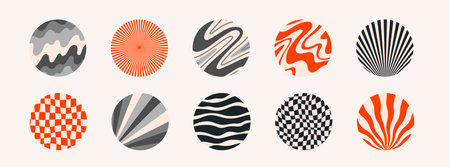 round shape stickers with funny groovy patterns. Colorful abstract circles with trendy retro style wave, chess, swirl, rainbow. Ideal for social media, sticker designs and decorations, vectorのイラスト素材