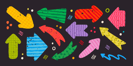 Hand drawn vector arrows with various patterns in rough rustic style.のイラスト素材