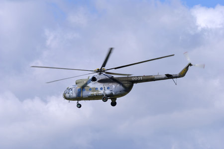 czech army transport helicopter during flight at airshow