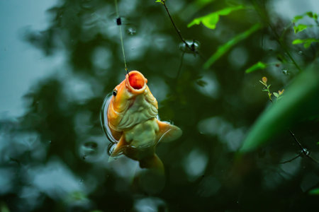 Nice colorful goldfish or Aromatic Ginger or Minarcap fish caught in the hook