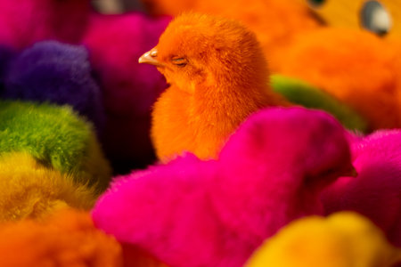 Little baby multi colors chicks sleep close up