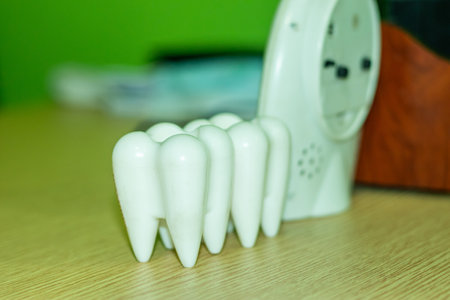 Two big demo white human teeth, a table watch, sunglasses, and a pen holder on a dentist's table. The dental office and dental treatment for restoring human teeth.の写真素材