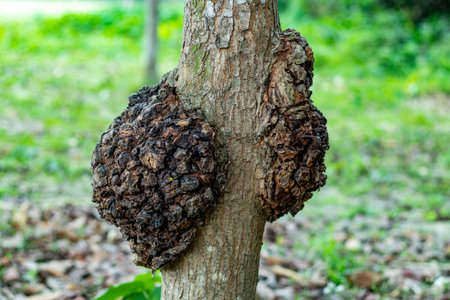 A close up of a tree trunk with large, rough, dark brown to black growths, likely burls caused by stress, fungal infections, or injuriesの写真素材